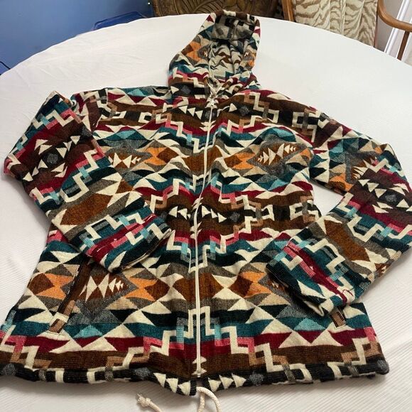 Handmade Alpaca Boho Geometric Full Zip Unisex Hoodie Jacket Size XXL - Picture 1 of 8